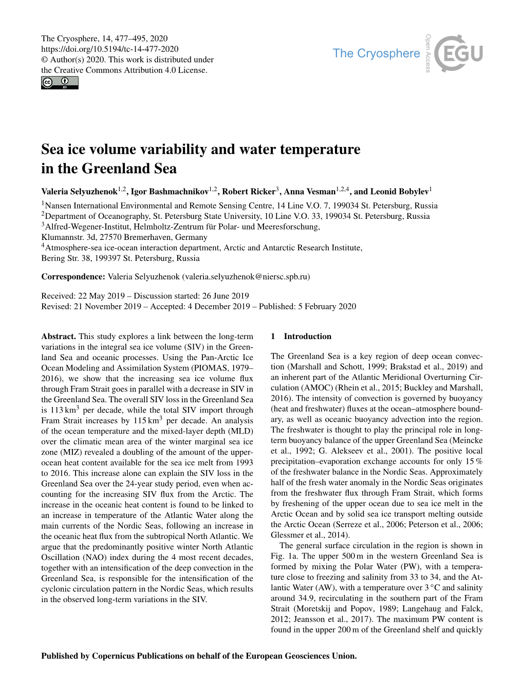 Sea Ice Volume Variability and Water Temperature in the Greenland Sea