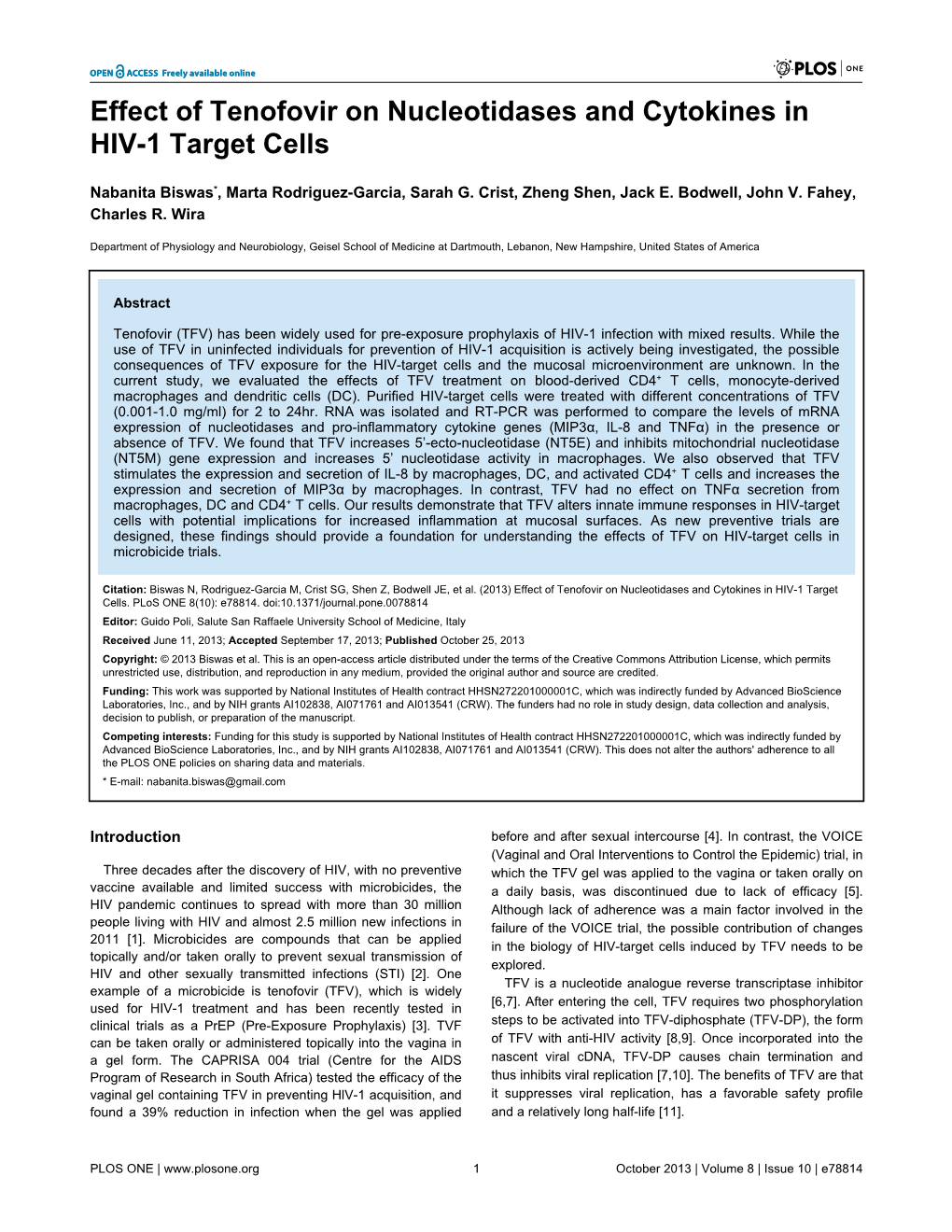 Effect of Tenofovir on Nucleotidases and Cytokines in HIV-1 Target Cells