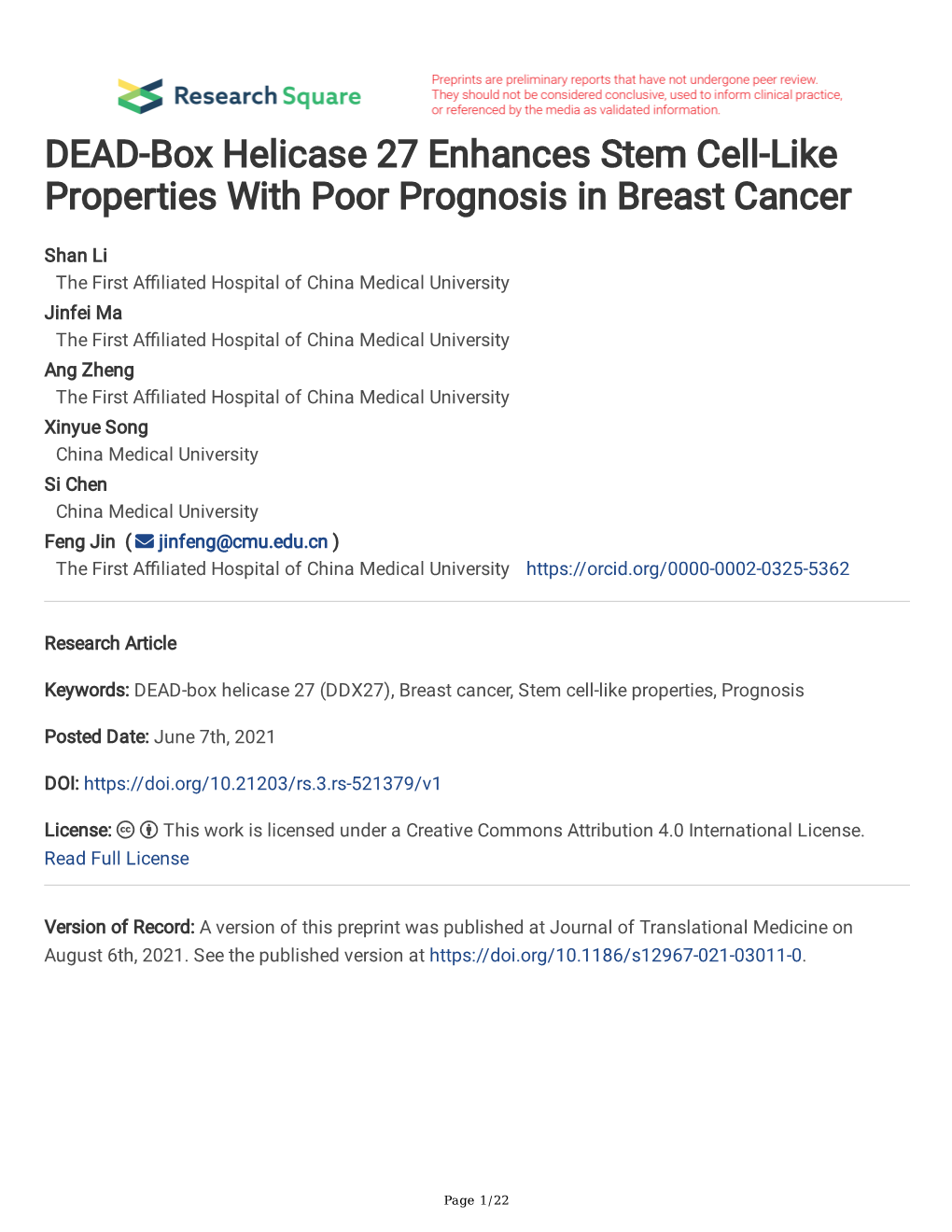 DEAD-Box Helicase 27 Enhances Stem Cell-Like Properties with Poor Prognosis in Breast Cancer