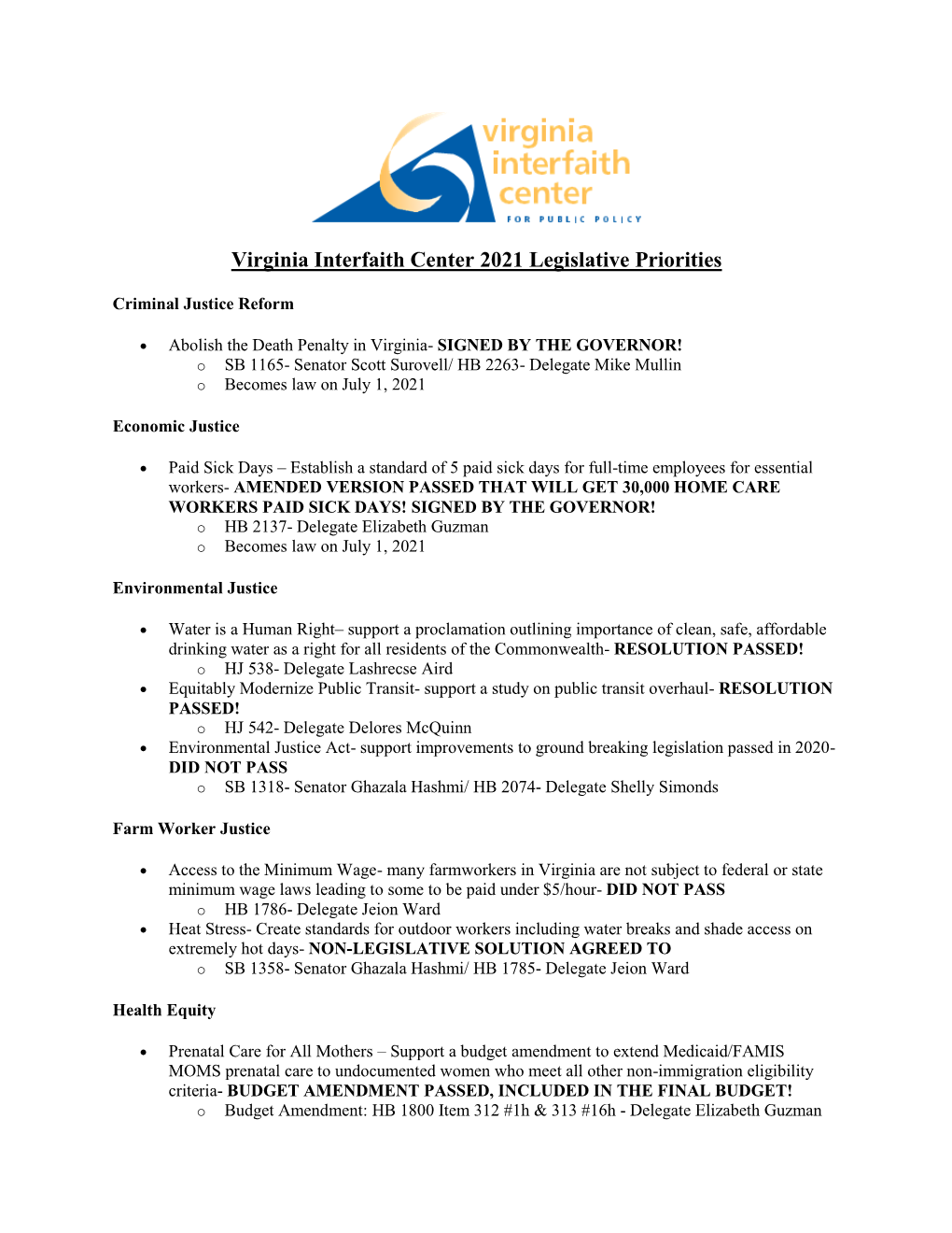 Virginia Interfaith Center 2021 Legislative Priorities