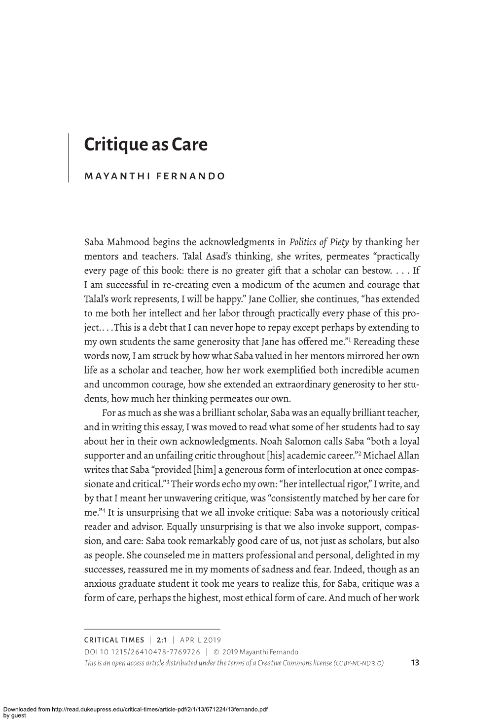 Critique As Care