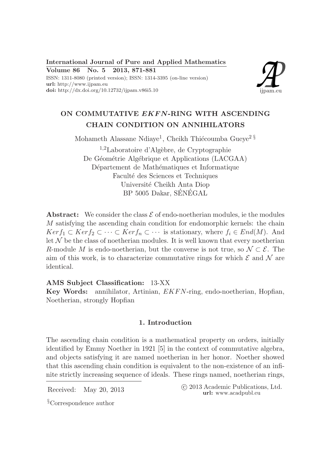 On Commutative Ekfn-Ring with Ascending Chain Condition on Annihilators