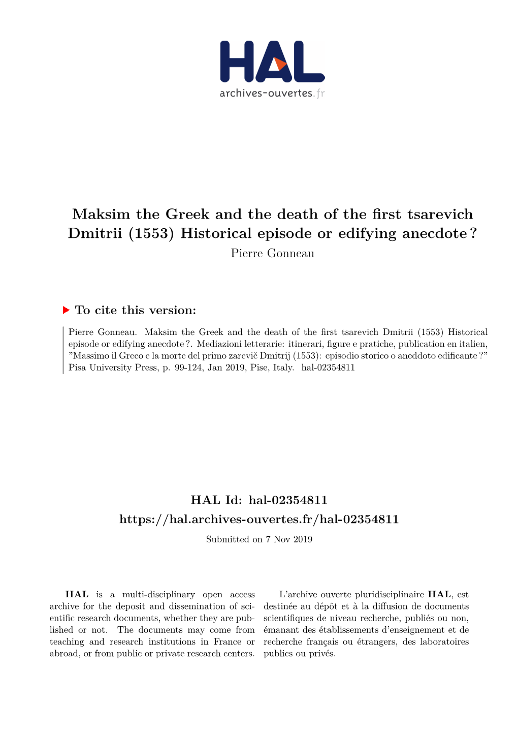 Maksim the Greek and the Death of the First Tsarevich Dmitrii (1553) Historical Episode Or Edifying Anecdote ? Pierre Gonneau