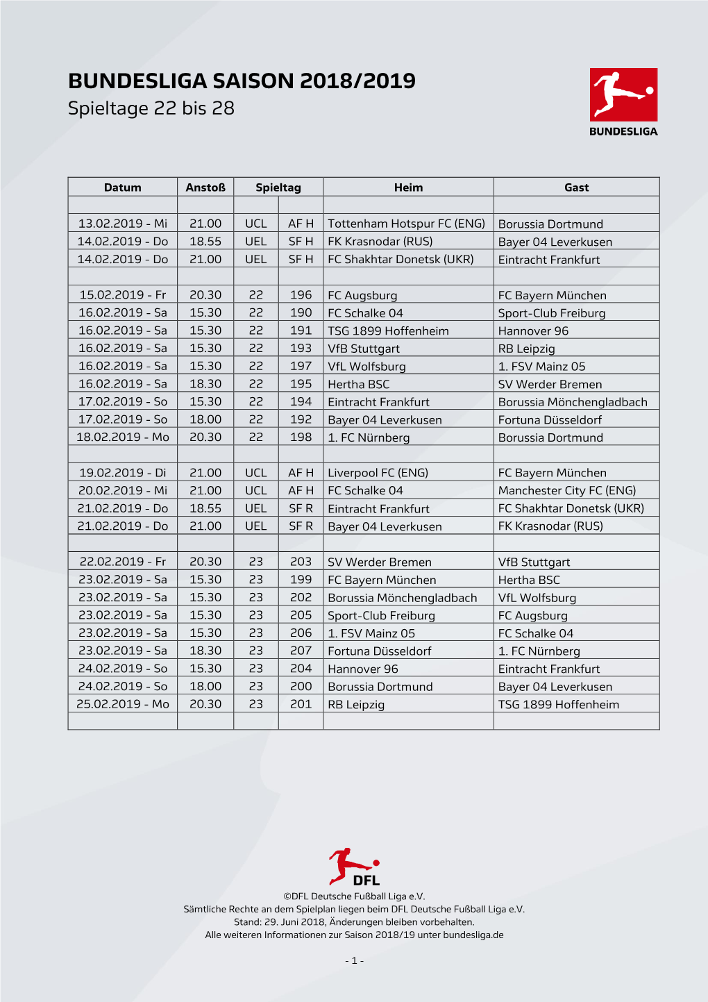 Spielplan Bundesliga | Saison 2018/2019