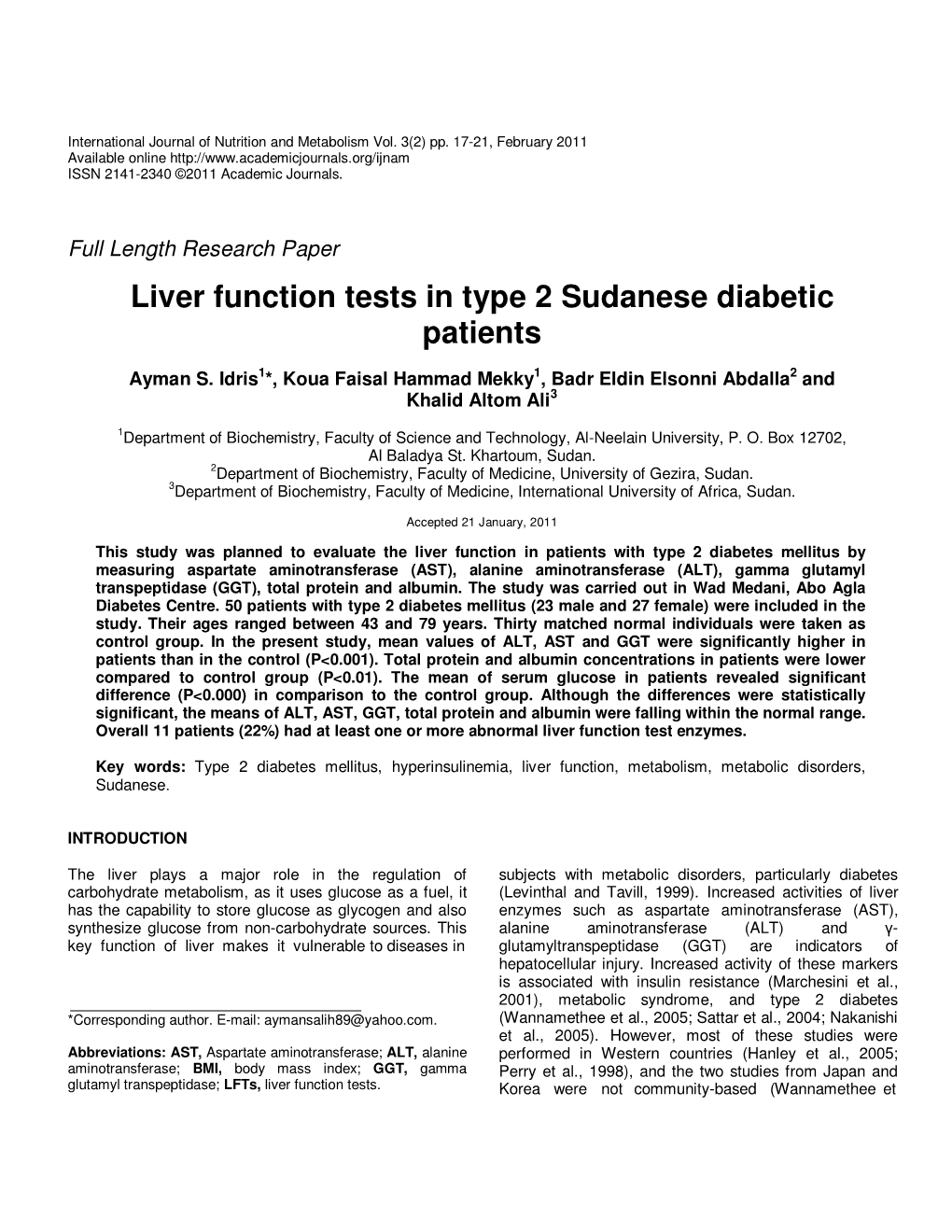 Liver Function Tests in Type 2 Sudanese Diabetic Patients