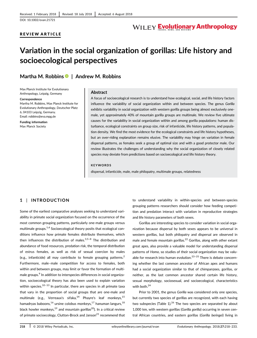 Variation in the Social Organization of Gorillas:Life History And