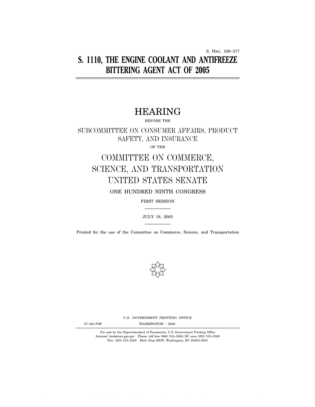 S. 1110, the Engine Coolant and Antifreeze Bittering Agent Act of 2005