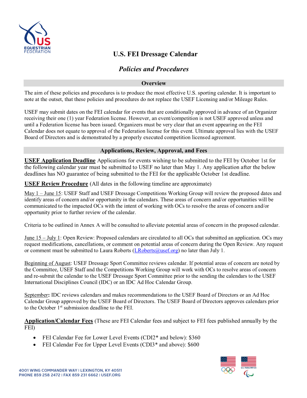 U.S. FEI Dressage Calendar Policies and Procedures