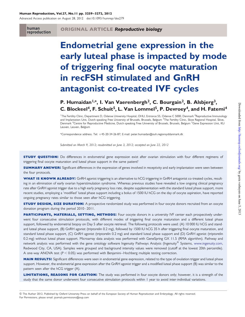 Endometrial Gene Expression in the Early Luteal Phase Is Impacted By
