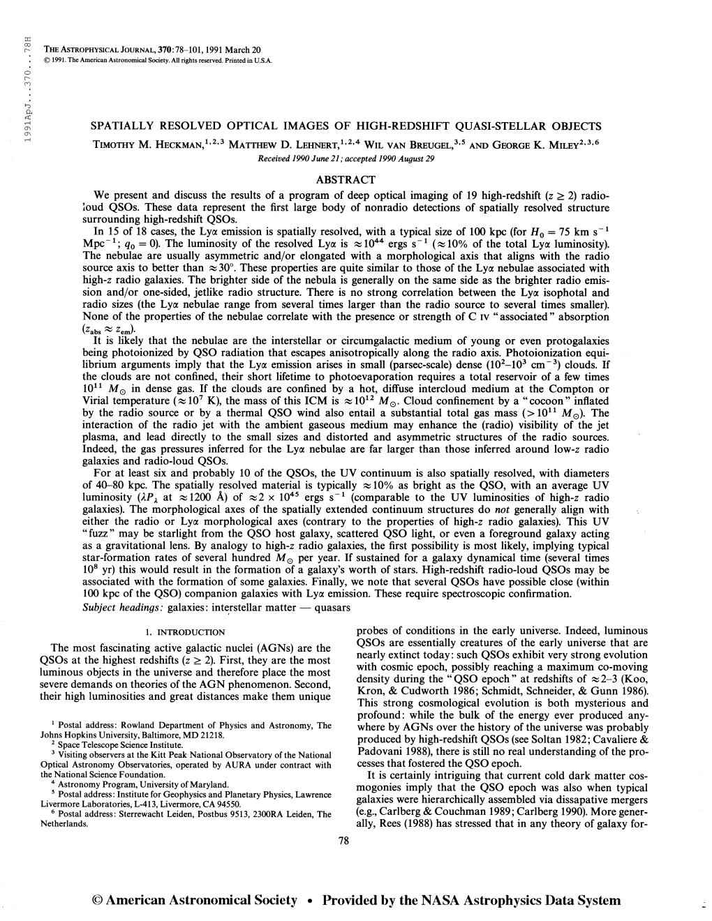 1991Apj. . .370. . .78H the Astrophysical Journal