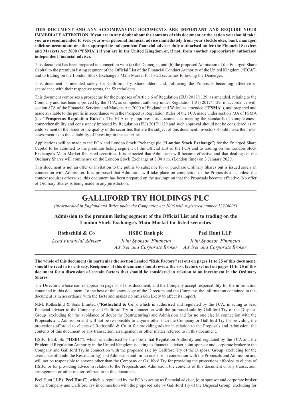 25 Nov 2019 Galliford Try Holdings Plc Prospectus Download PDF 1.21