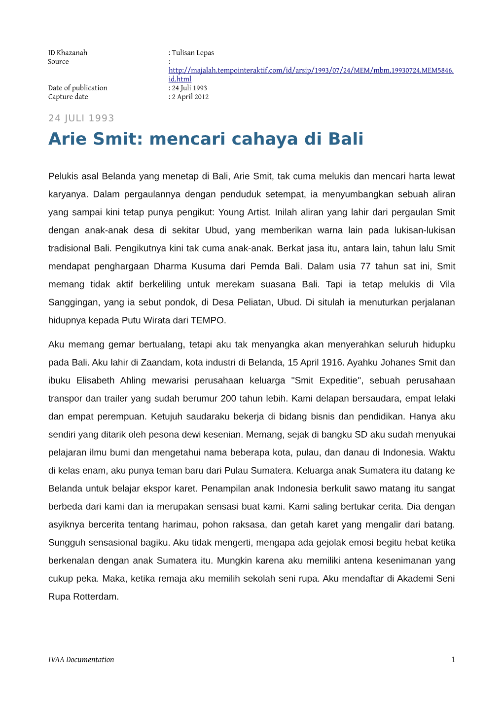 Arie Smit: Mencari Cahaya Di Bali