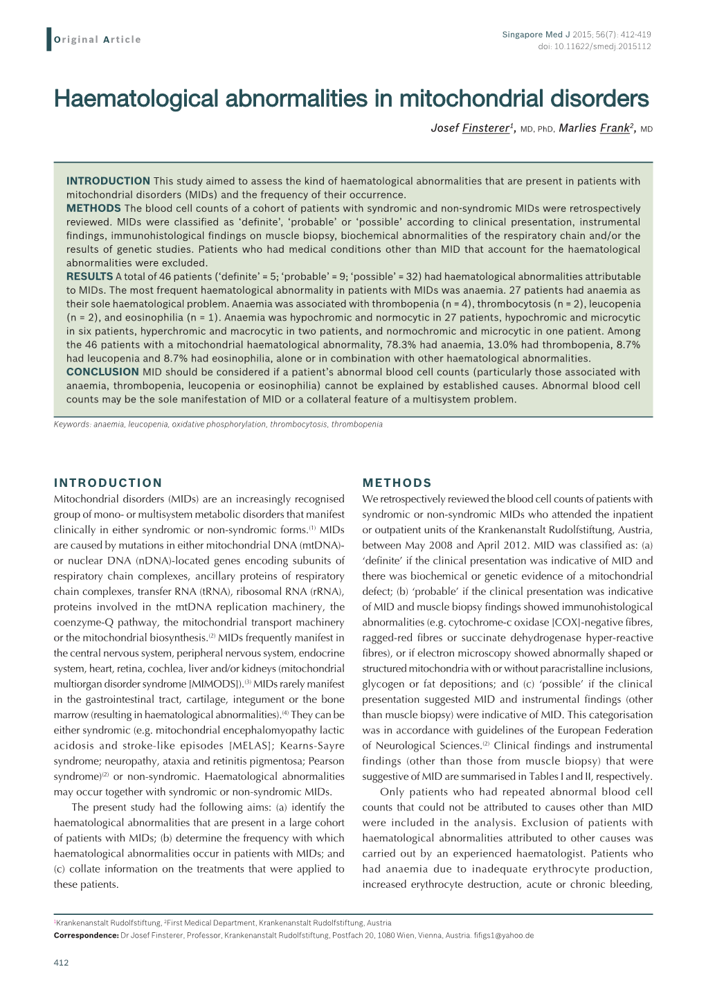 Haematological Abnormalities in Mitochondrial Disorders