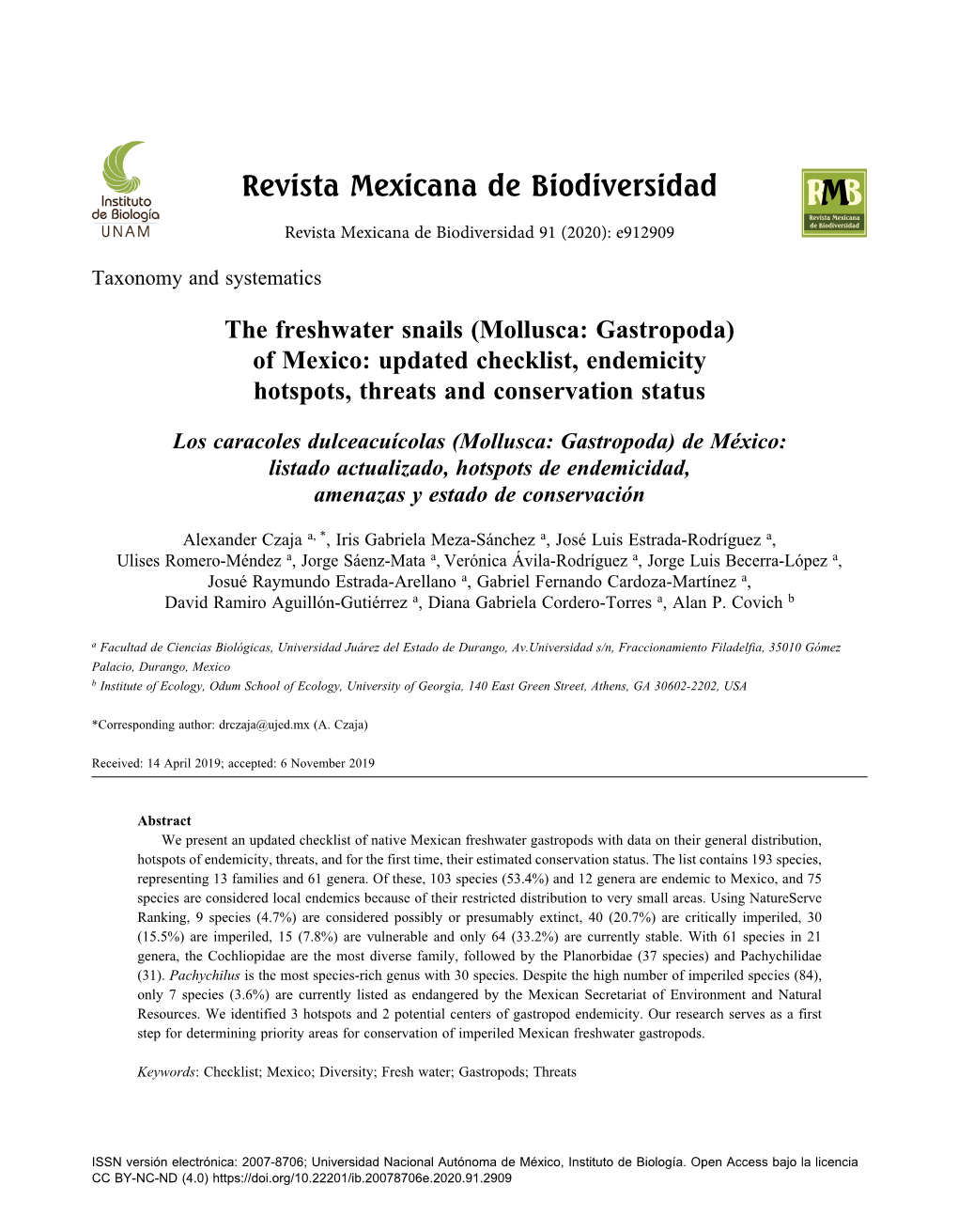 The Freshwater Snails (Mollusca: Gastropoda) of Mexico: Updated Checklist, Endemicity Hotspots, Threats and Conservation Status