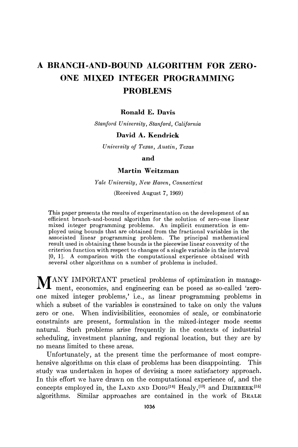 A Branch-And-Bound Algorithm for Zero-One Mixed Integer