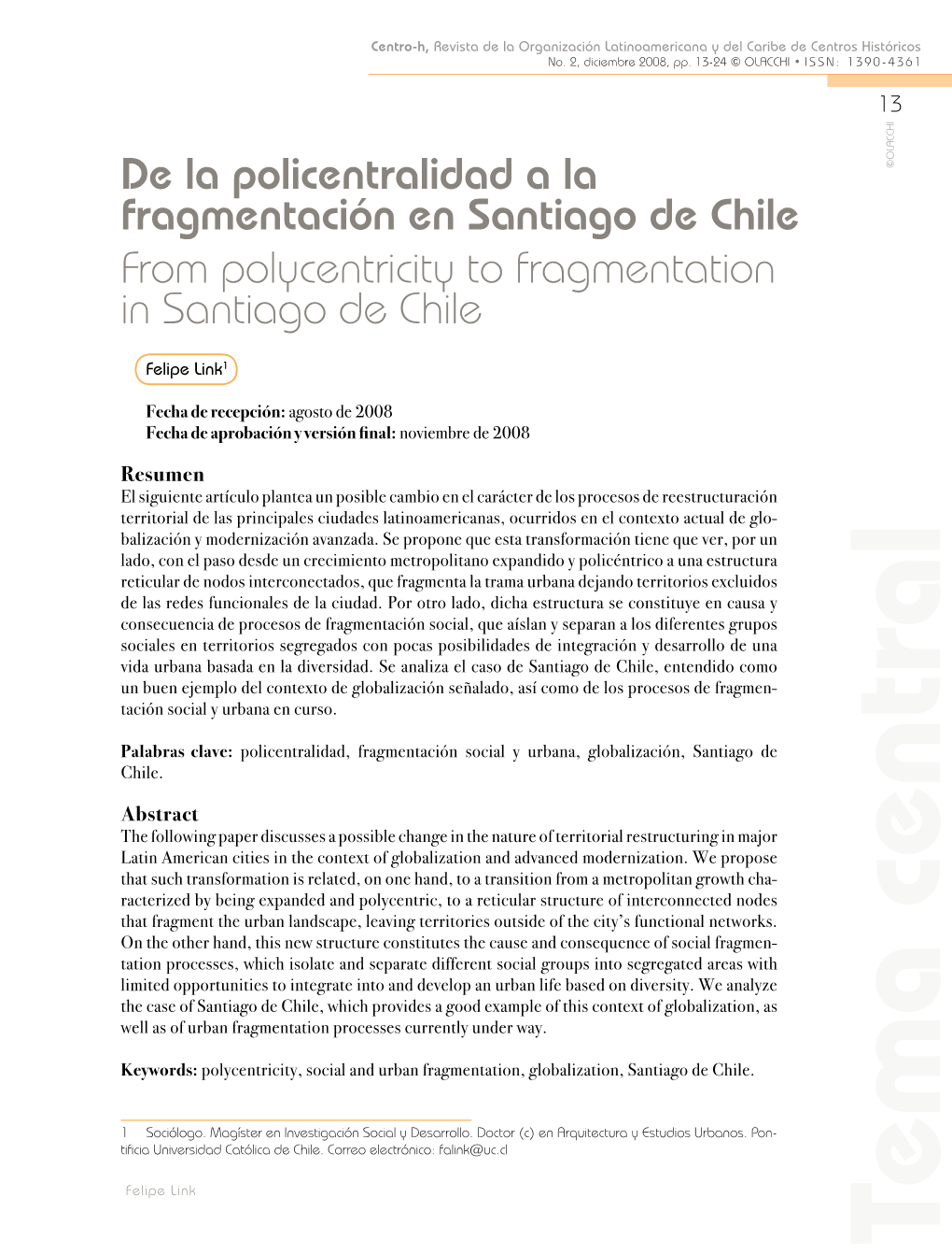 De La Policentralidad a La Fragmentación En Santiago De