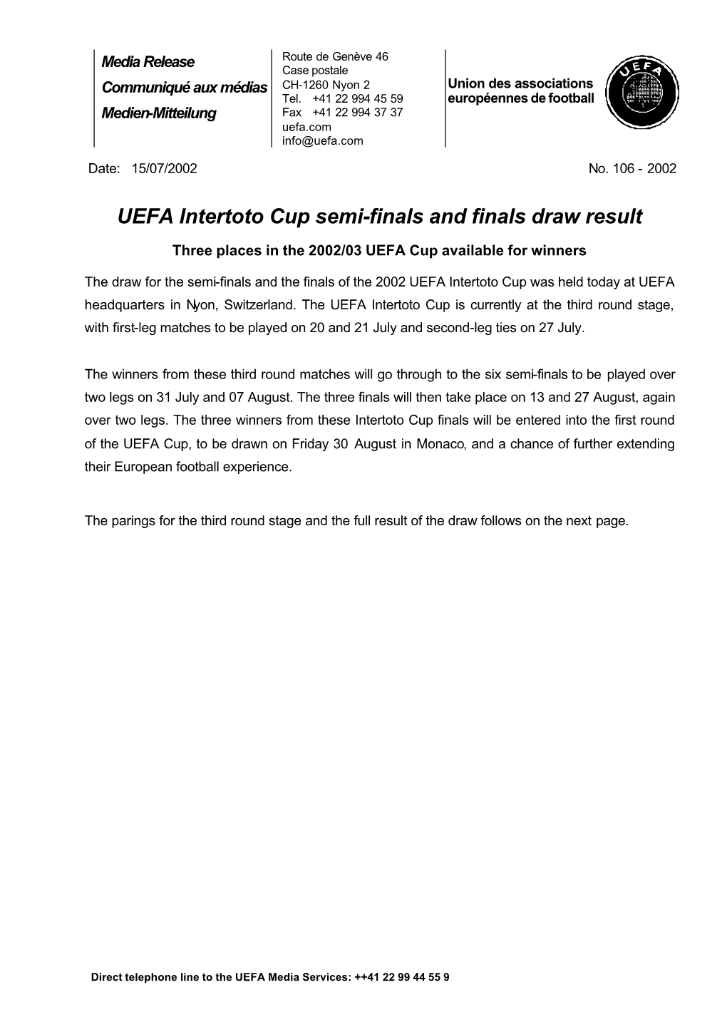 UEFA Intertoto Cup Semi-Finals and Finals Draw Result