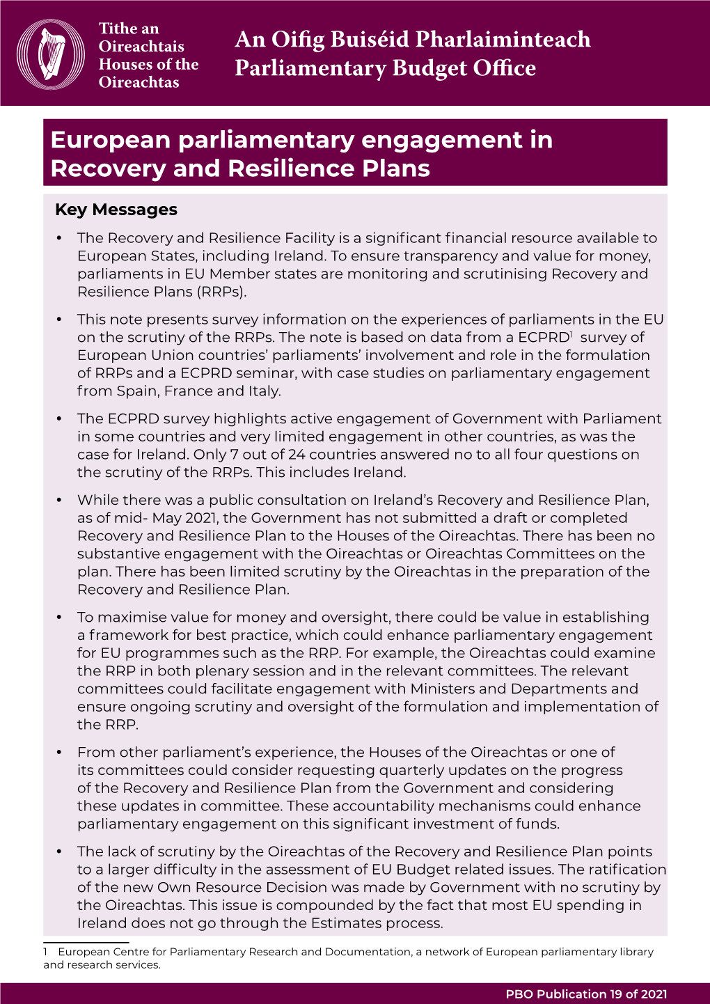 European Parliamentary Engagement in Recovery and Resilience Plan