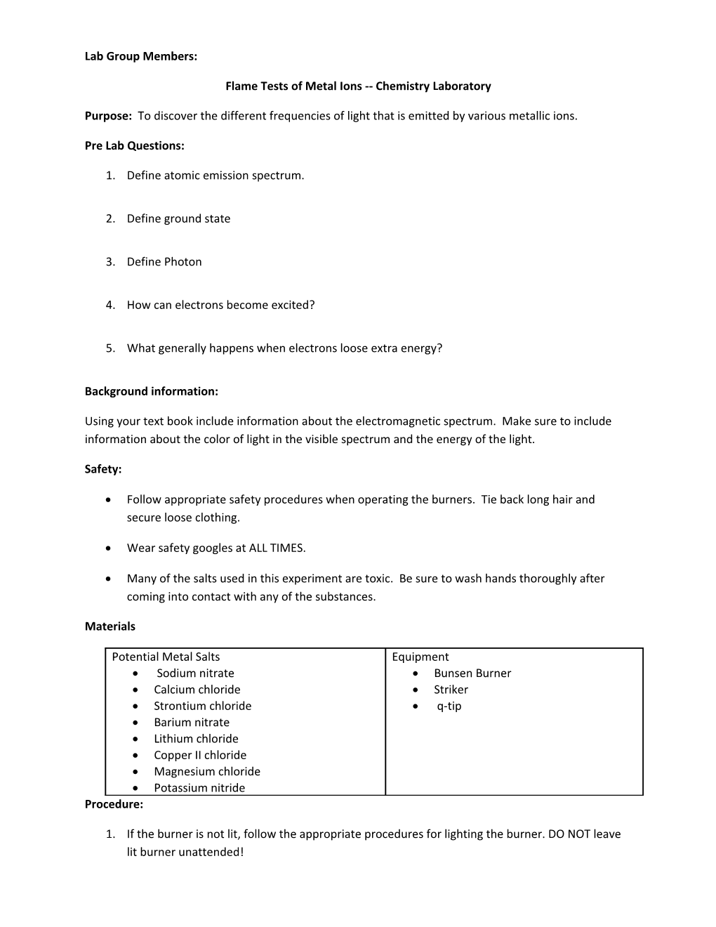 Flame Tests of Metal Ions Chemistry Laboratory