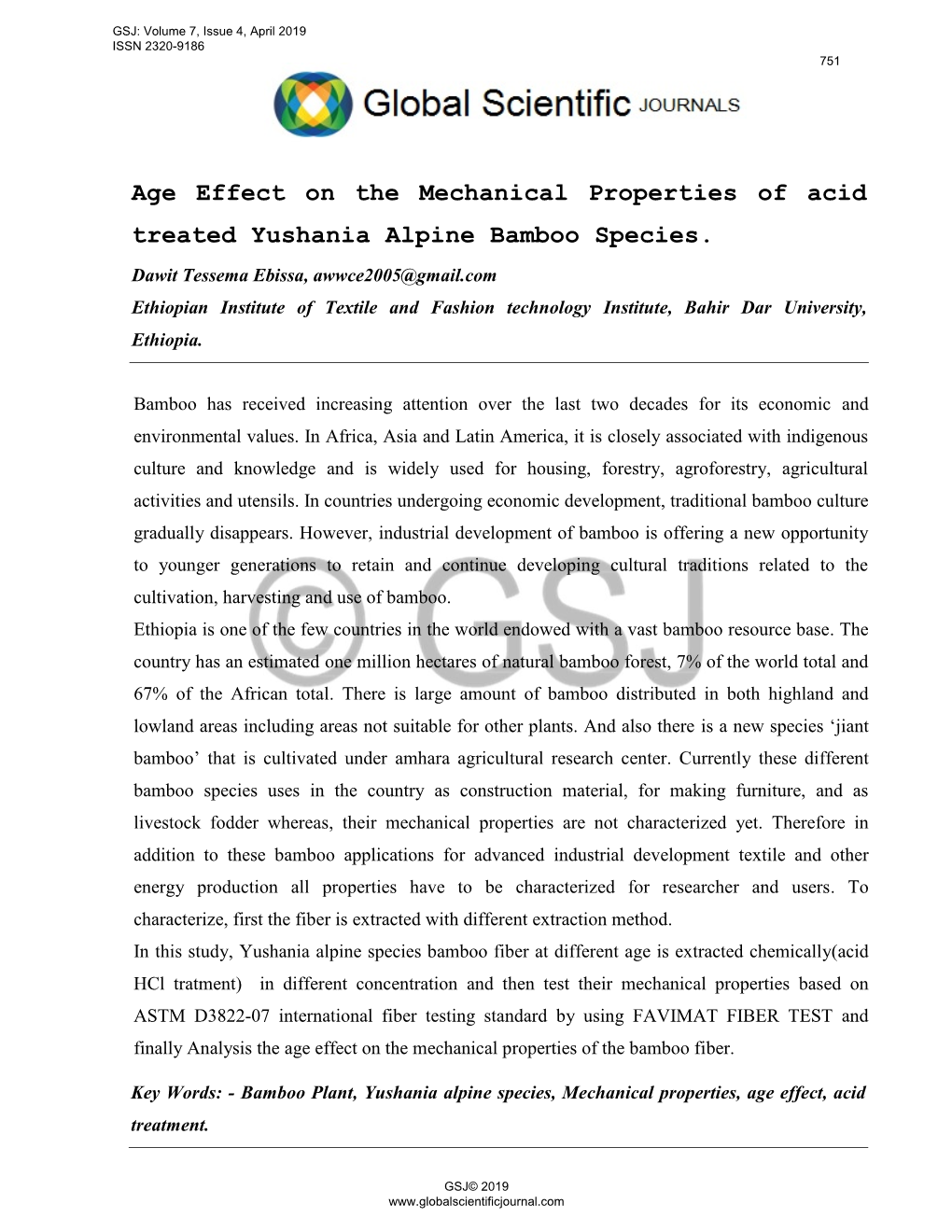 Age Effect on the Mechanical Properties of Acid Treated Yushania Alpine Bamboo Species