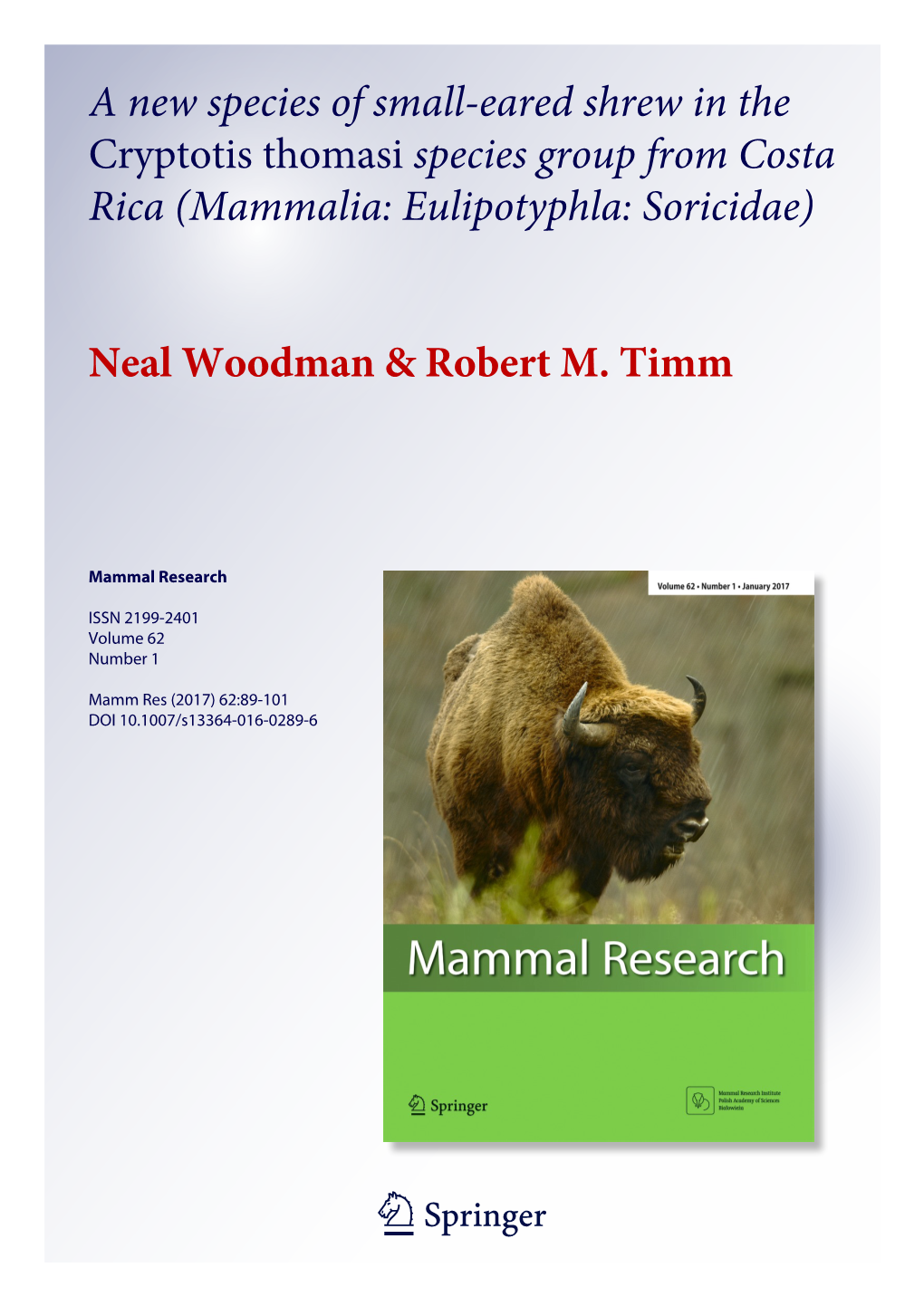 A New Species of Small-Eared Shrew in the Cryptotis Thomasi Species Group from Costa Rica (Mammalia: Eulipotyphla: Soricidae)