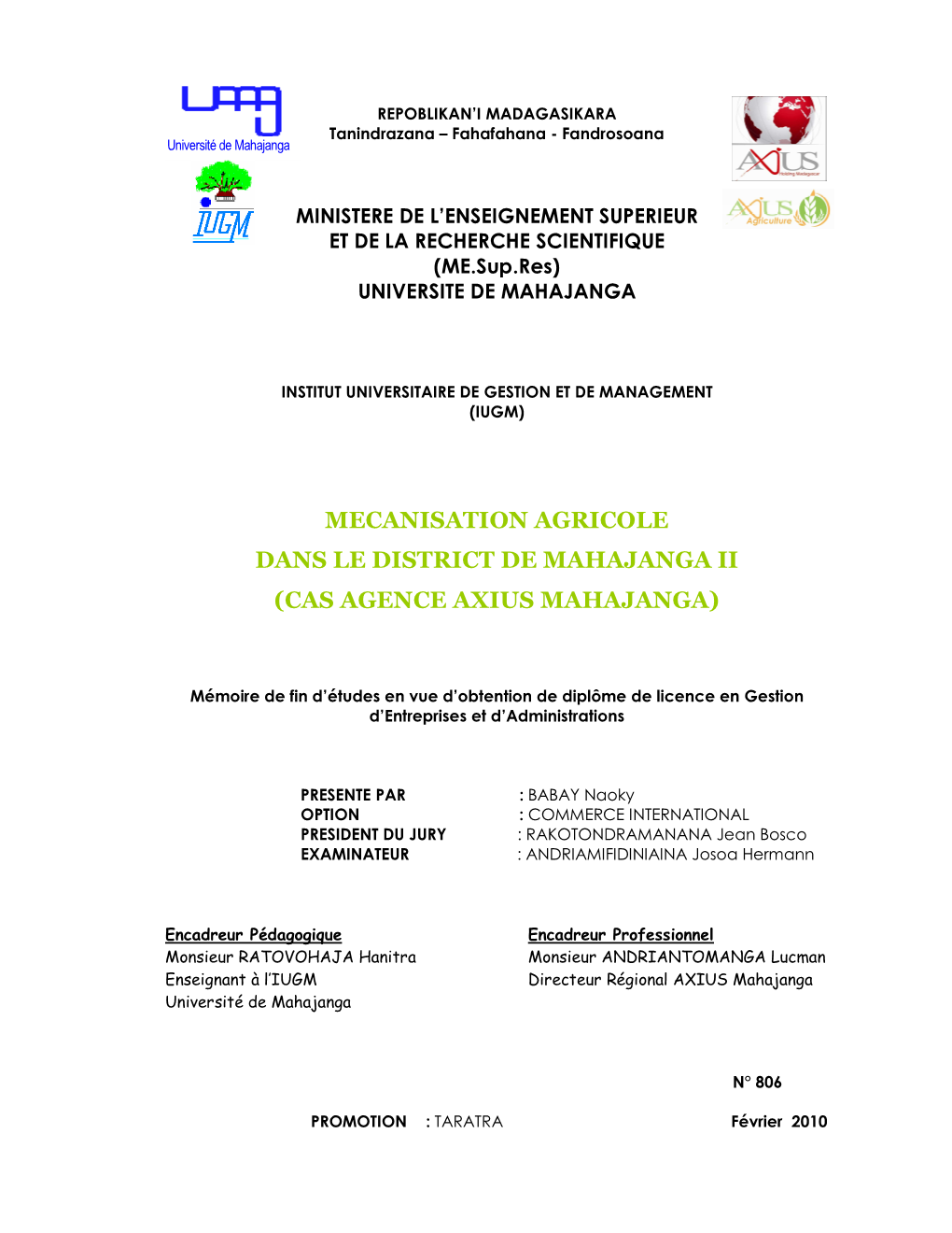 Mecanisation Agricole Dans Le District De Mahajanga Ii (Cas Agence Axius Mahajanga)