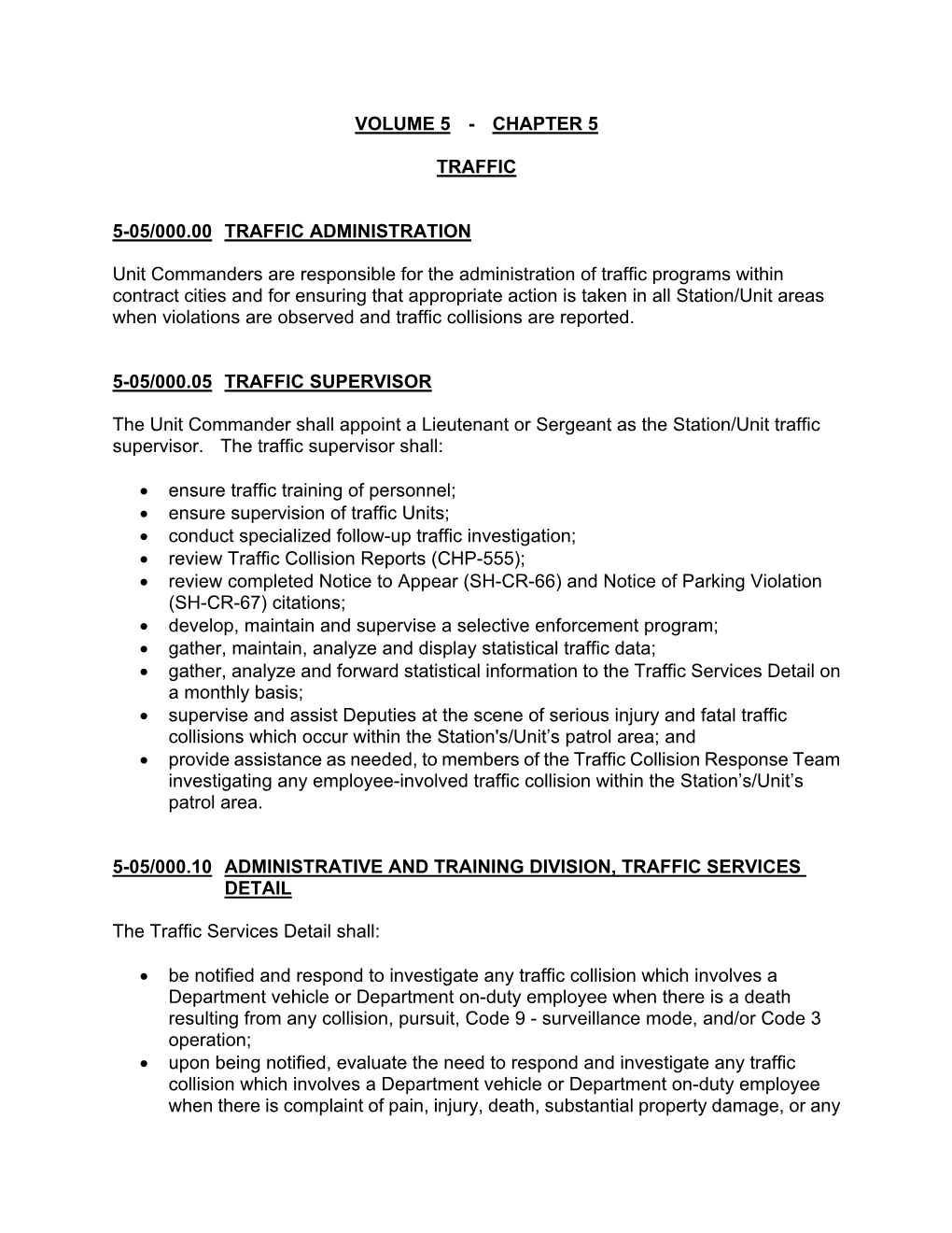 CHAPTER 5 TRAFFIC 5-05/000.00 TRAFFIC ADMINISTRATION Unit