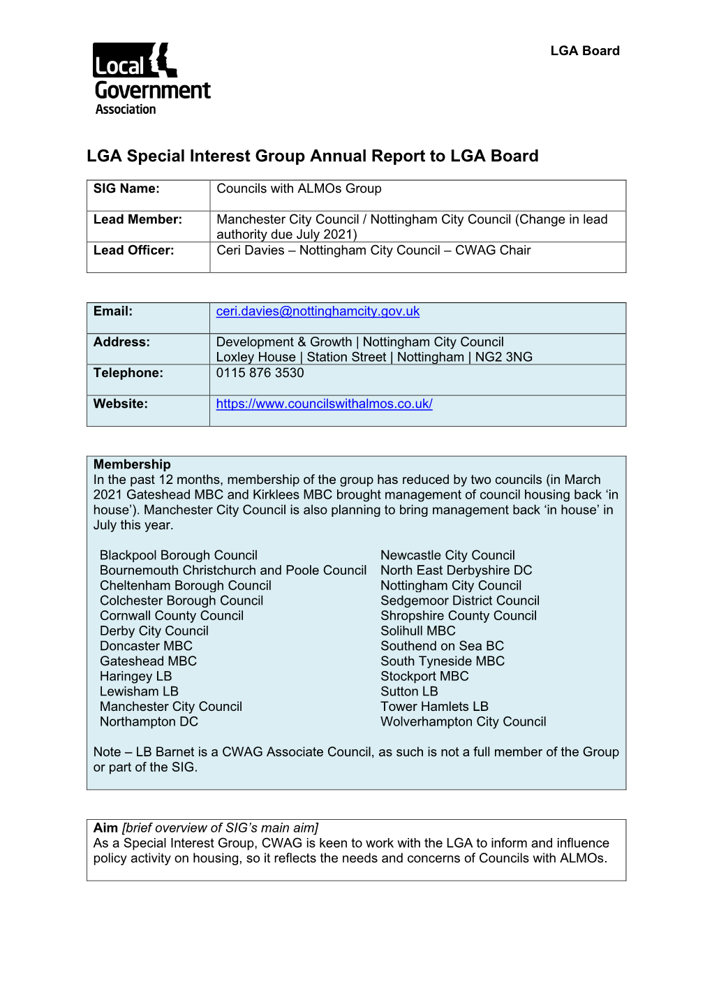 CWAG Annual SIG Report to LGA 2021