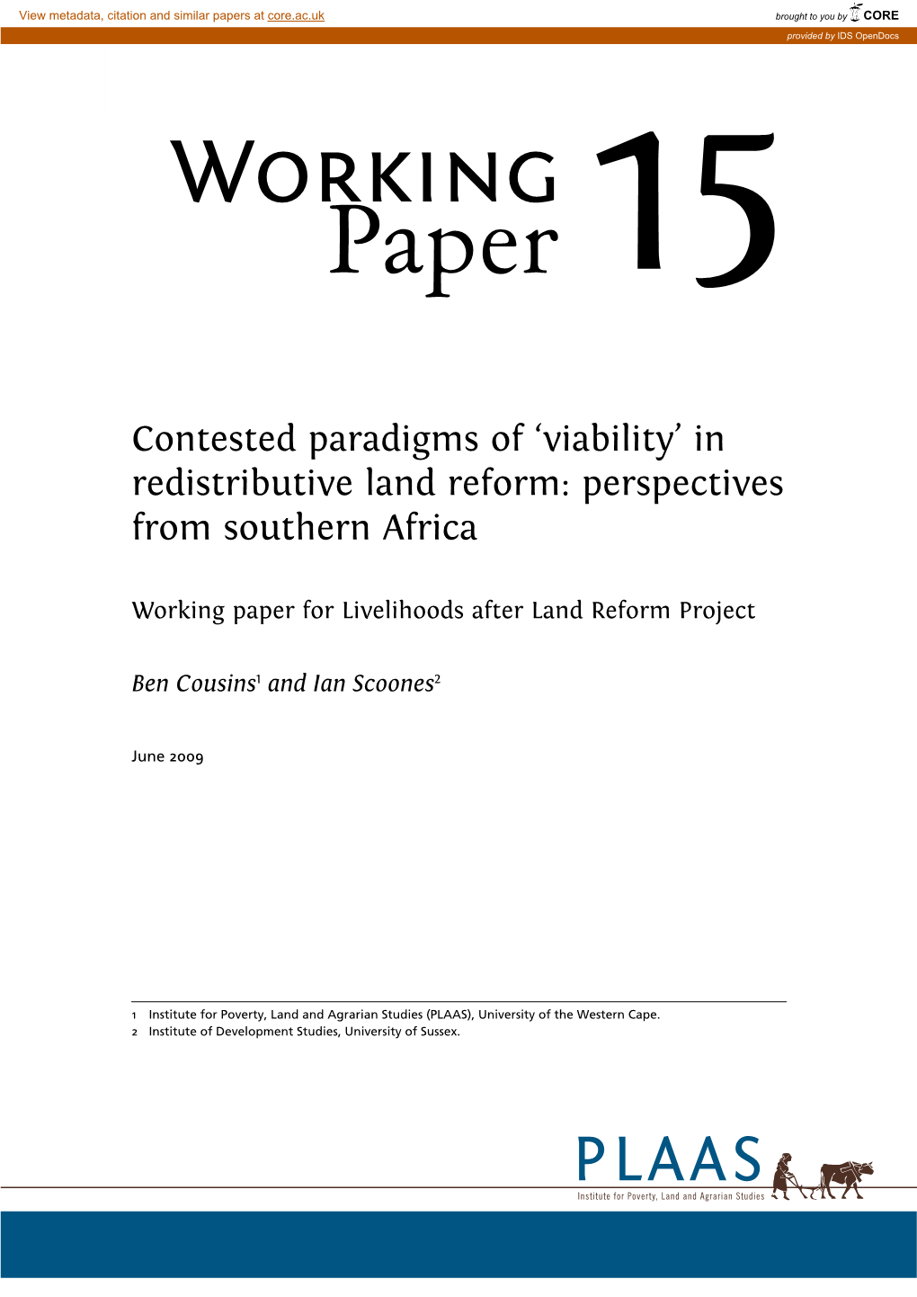 'Viability' in Redistributive Land Reform : Perspectives from Southern Africa