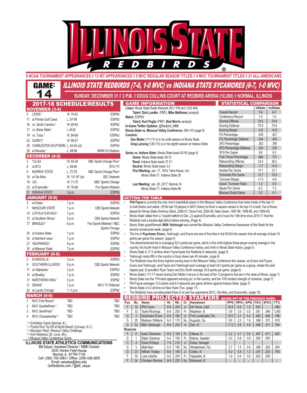 ILLINOIS STATE REDBIRDS (7-6, 1-0 MVC) Vs INDIANA STATE SYCAMORES (6-7, 1-0 MVC) 14 SUNDAY, DECEMBER 31 // 3 P.M