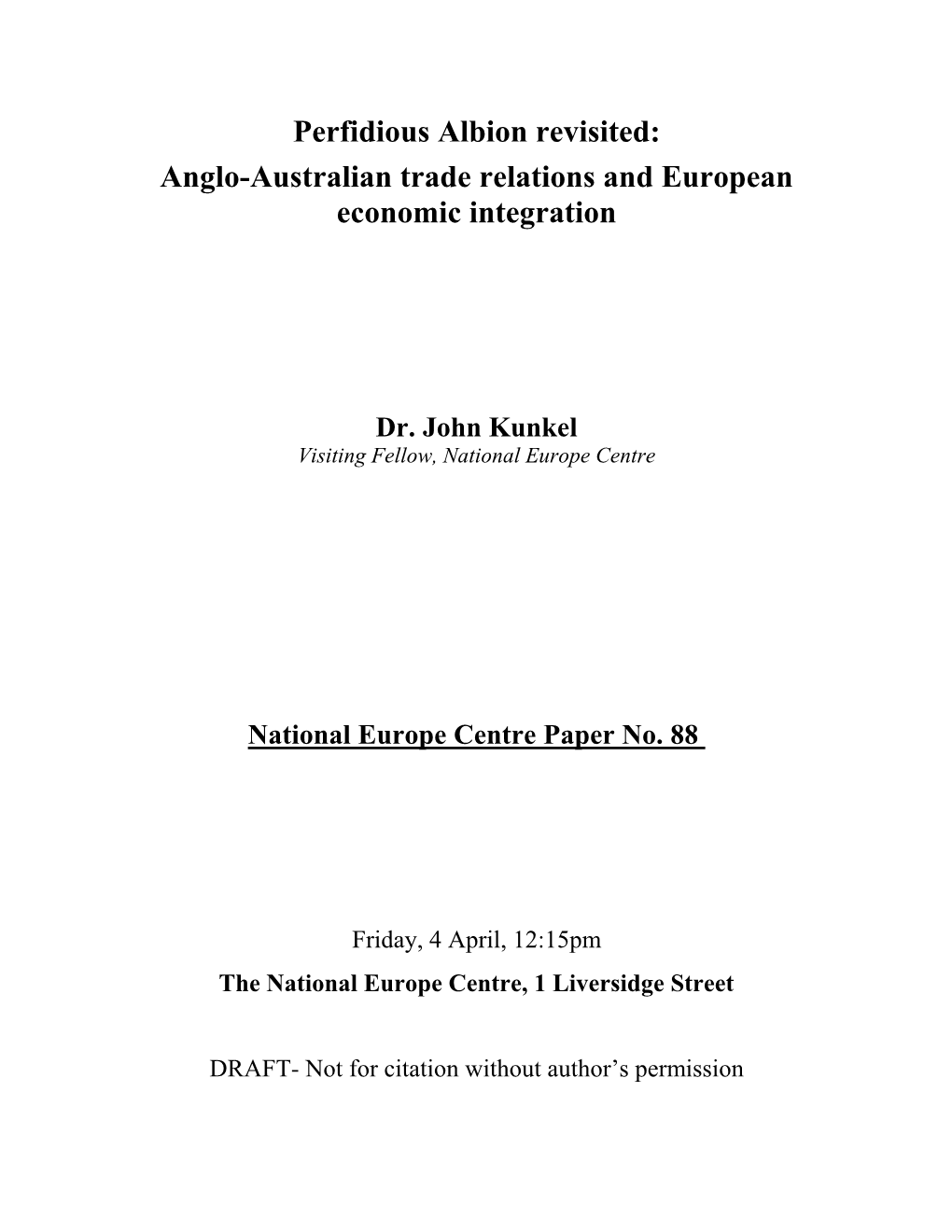 Anglo-Australian Trade Relations and European Economic Integration