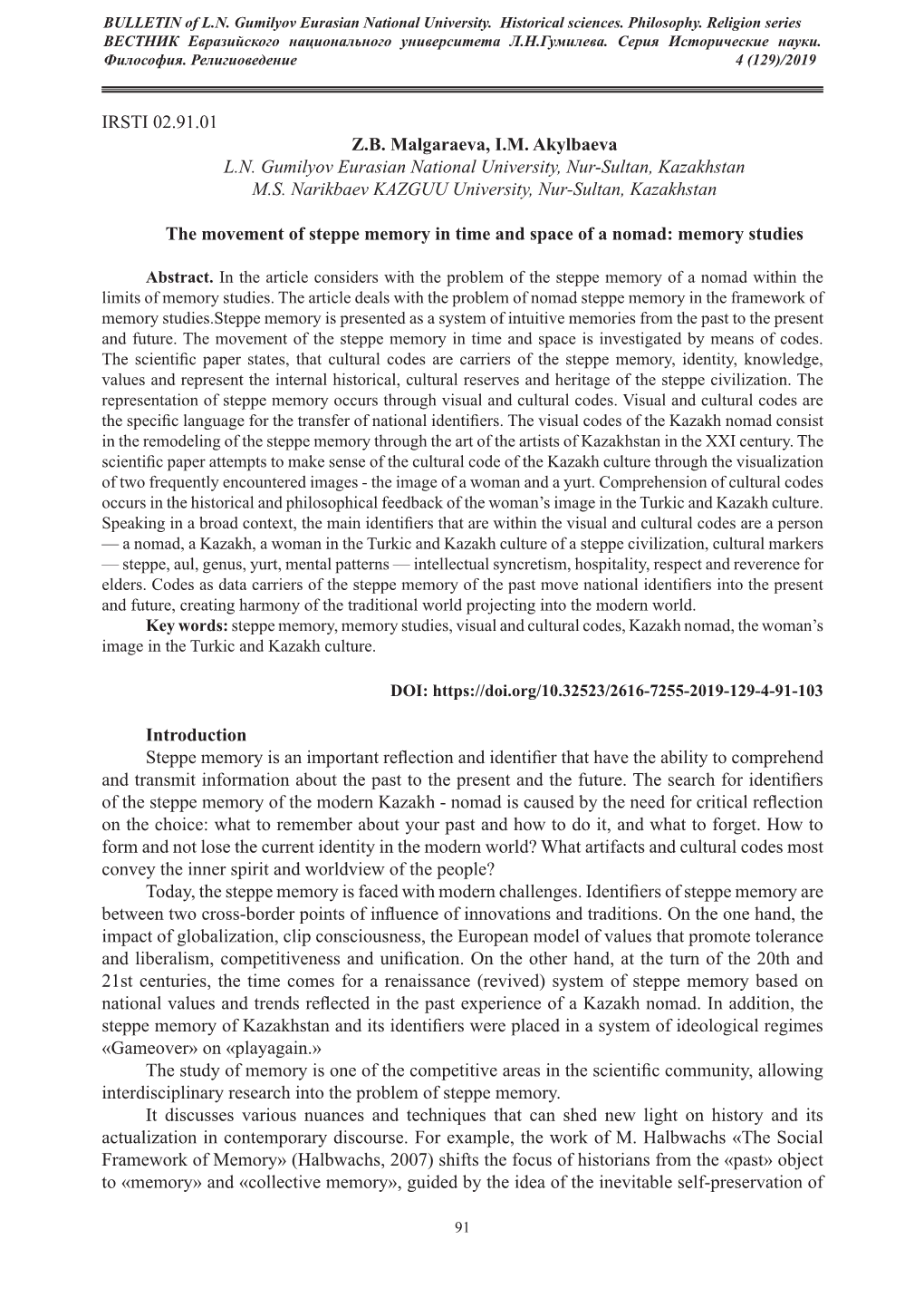 IRSTI 02.91.01 ZB Malgaraeva, IM Akylbaeva LN Gumilyov Eurasian