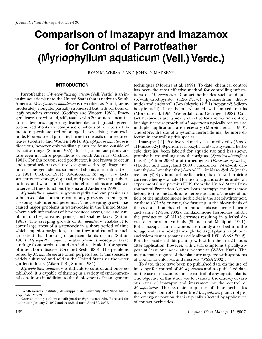 Comparison of Imazapyr and Imazamox for Control of Parrotfeather (Myriophyllum Aquaticum (Vell.) Verdc.)