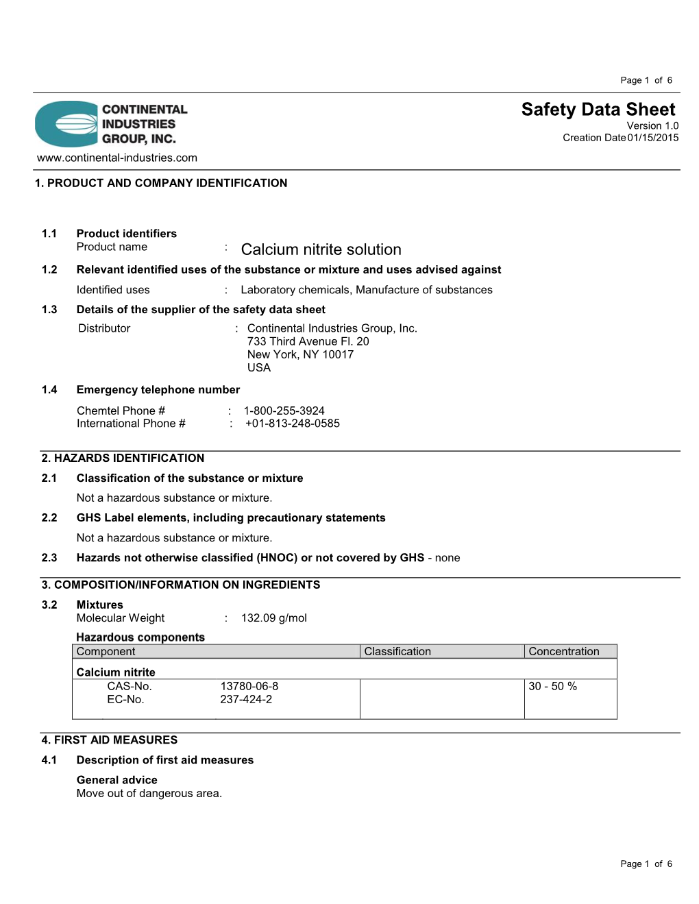 Safety Data Sheet Version 1.0 Creation Date 01/15/2015