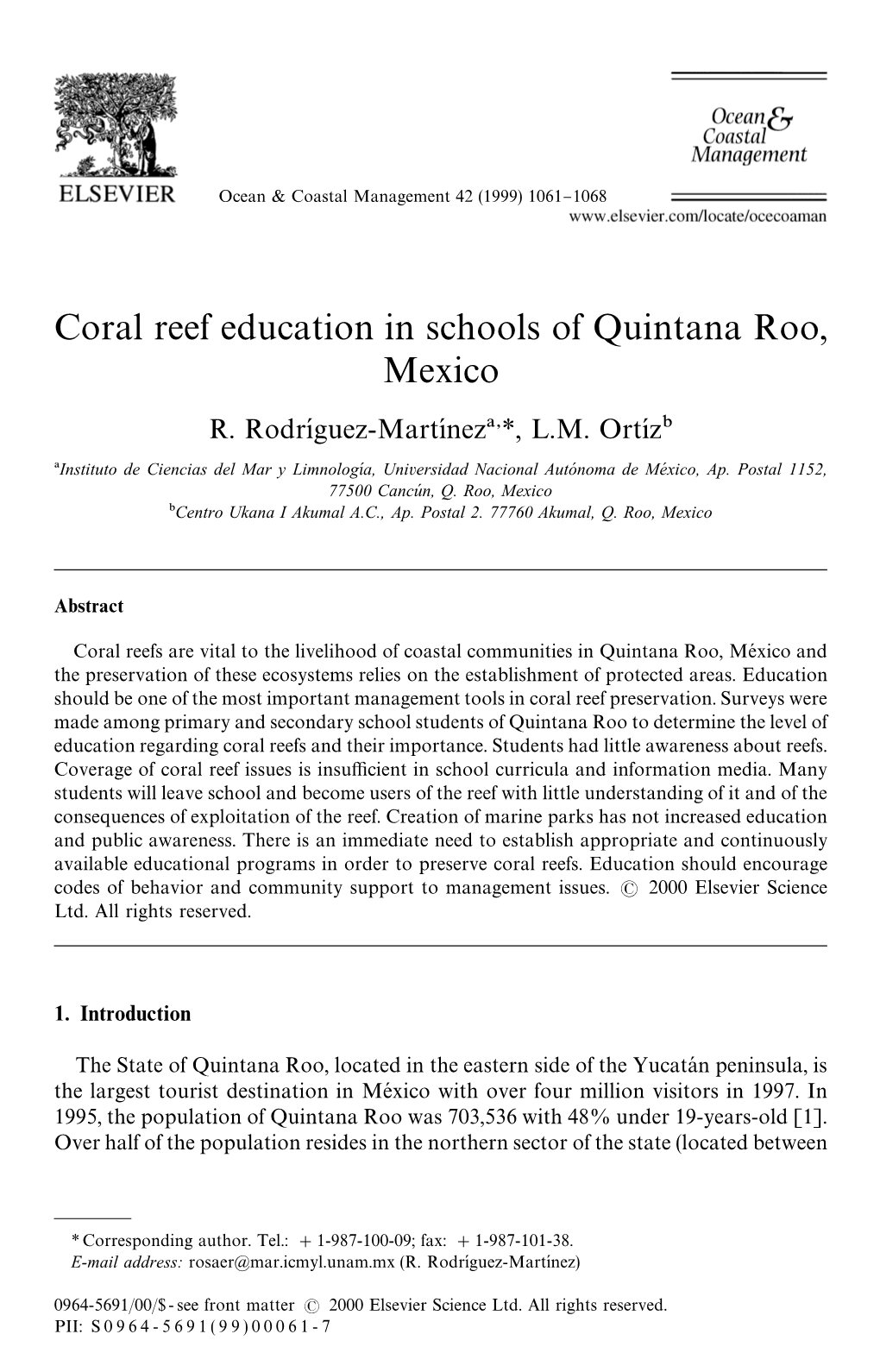 Coral Reef Education in Schools of Quintana Roo, Mexico R