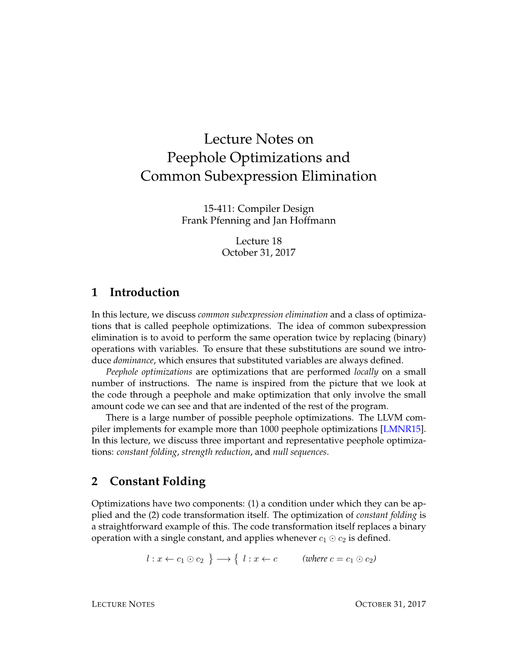 Lecture Notes on Peephole Optimizations and Common Subexpression Elimination