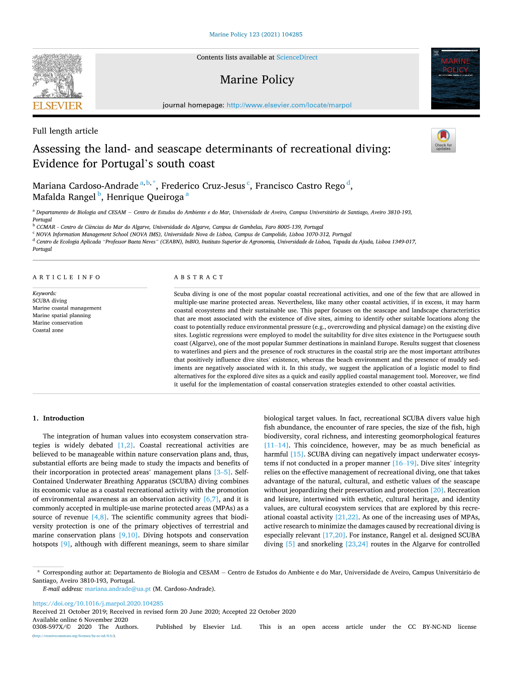 And Seascape Determinants of Recreational Diving: Evidence for Portugal’S South Coast