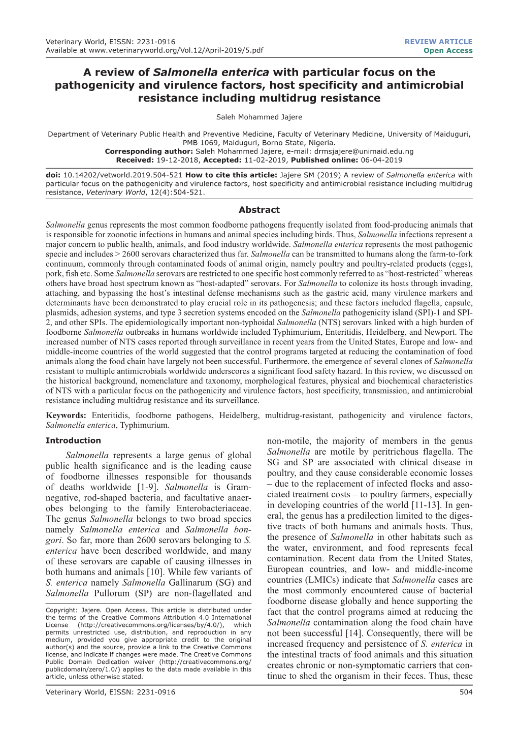 A Review of Salmonella Enterica with Particular Focus