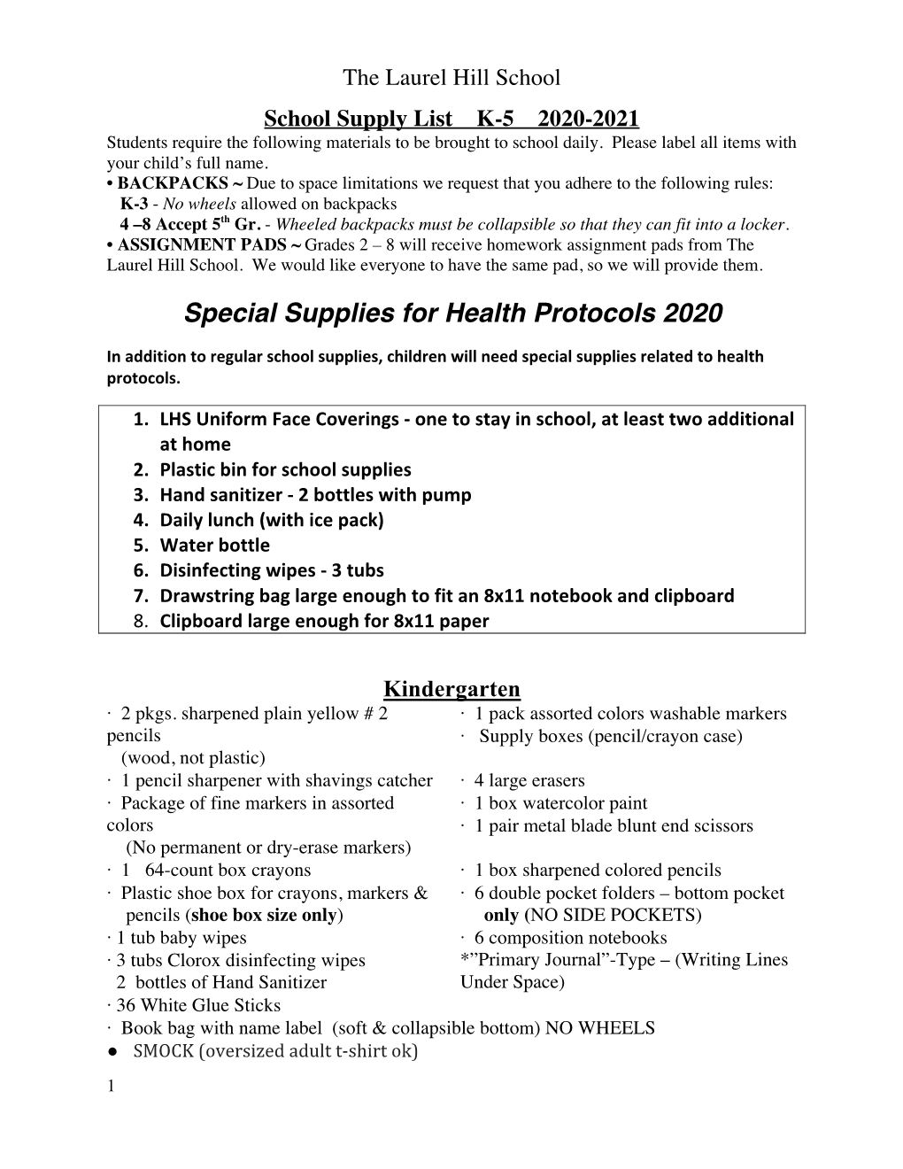 Special Supplies for Health Protocols 2020