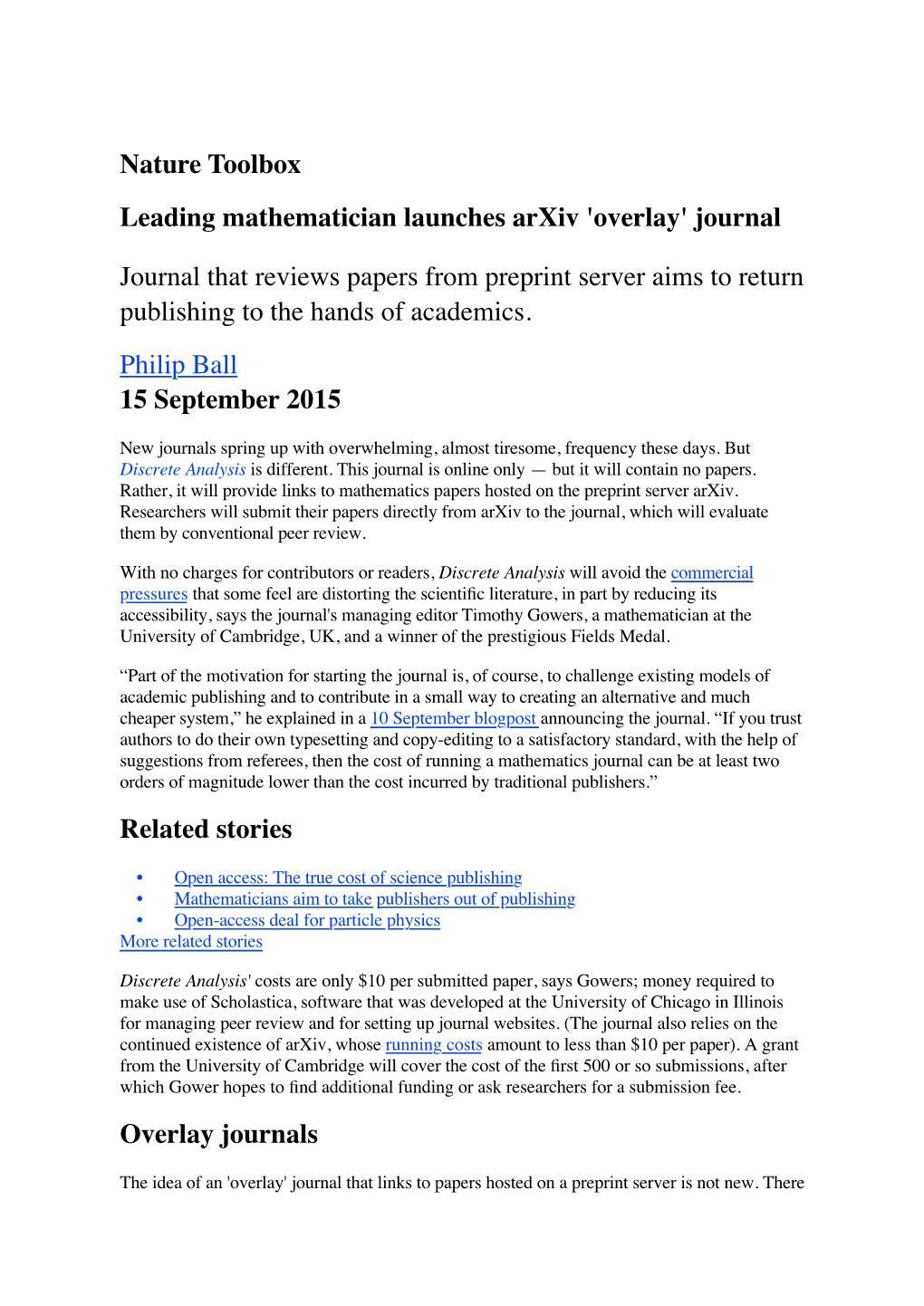 Nature Toolbox Leading Mathematician Launches Arxiv 'Overlay' Journal Journal That Reviews Papers from Preprint Server Aims to R