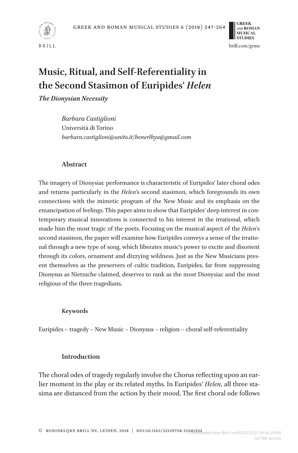 Music, Ritual, and Self-Referentiality in the Second Stasimon of Euripides’ Helen the Dionysian Necessity