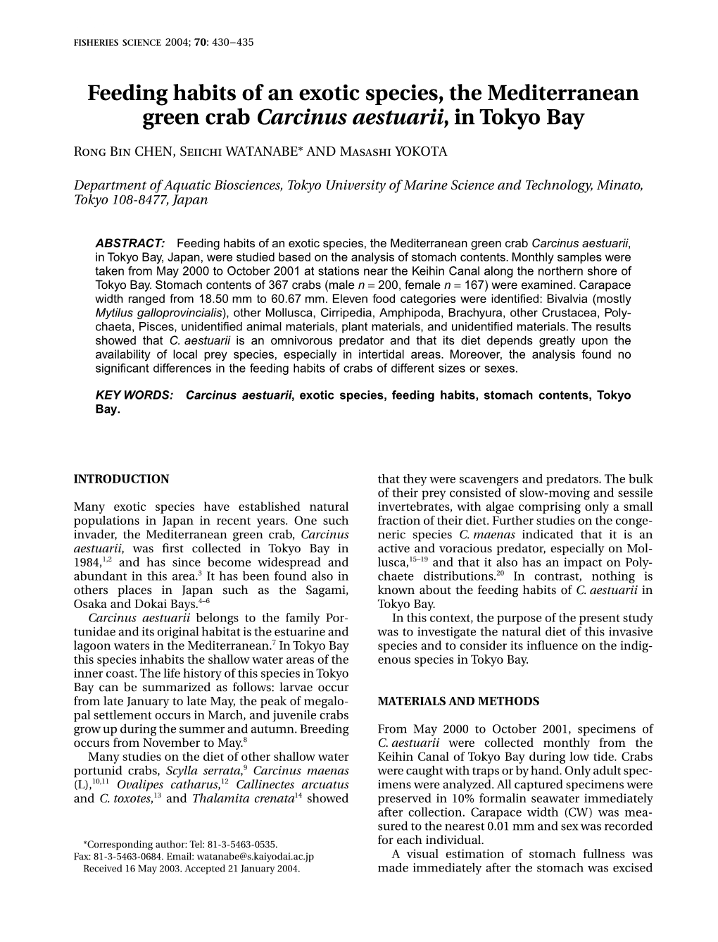 Feeding Habits of an Exotic Species, the Mediterranean Green Crab Carcinus Aestuarii, in Tokyo Bay