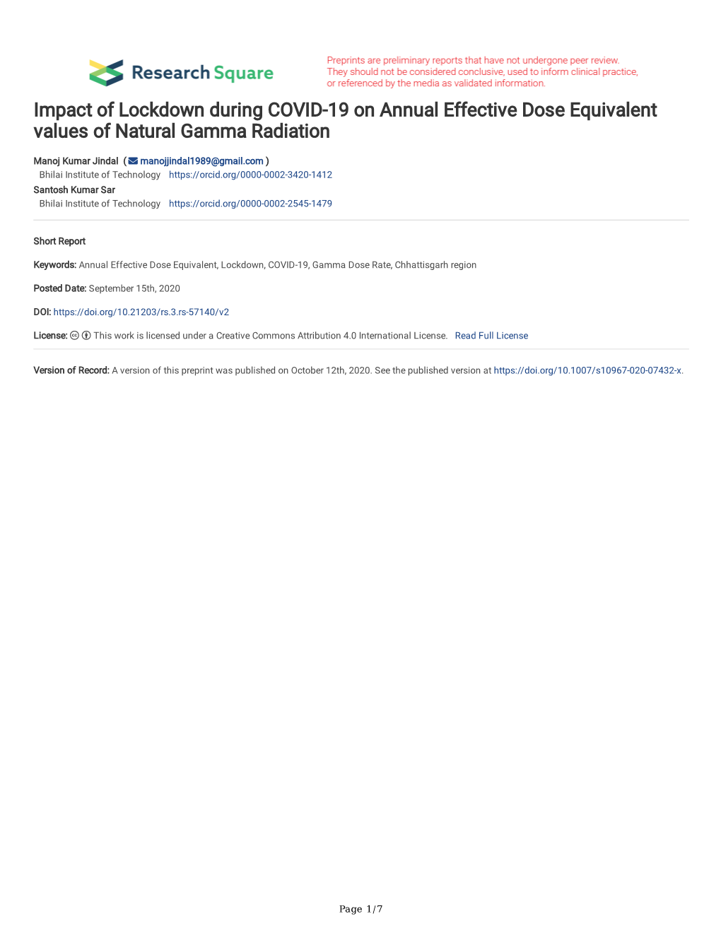 Impact of Lockdown During COVID-19 on Annual Effective Dose Equivalent Values of Natural Gamma Radiation