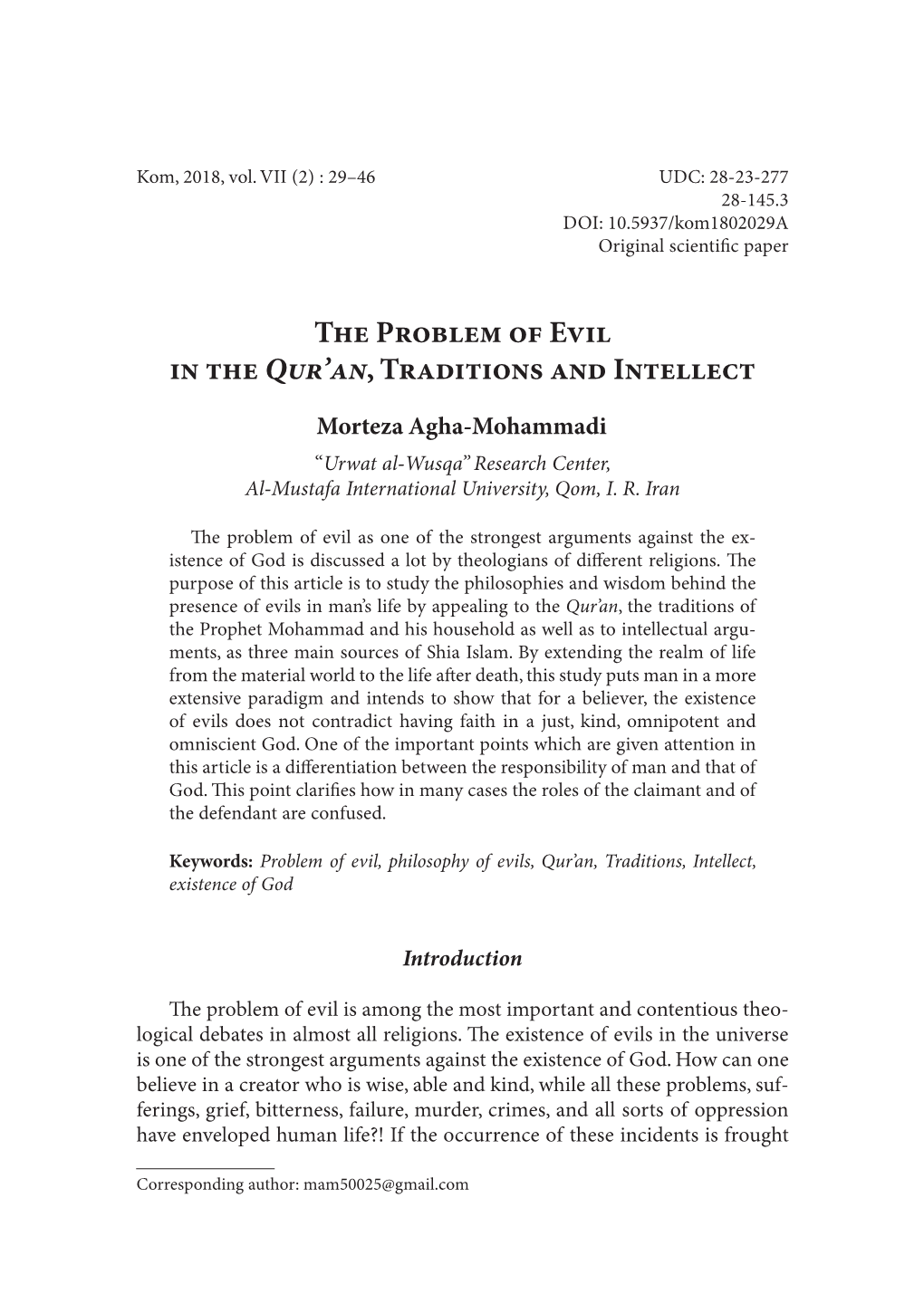 The Problem of Evil in the Qur'an, Traditions and Intellect