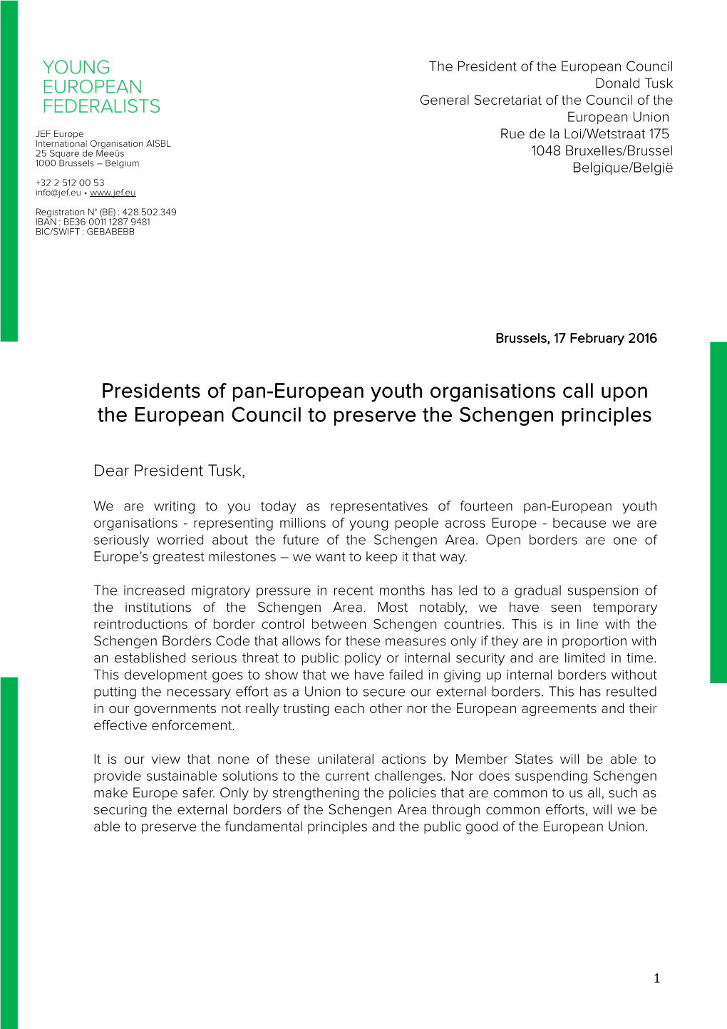 Presidents of Pan-European Youth Organisations Call Upon the European Council to Preserve the Schengen Principles