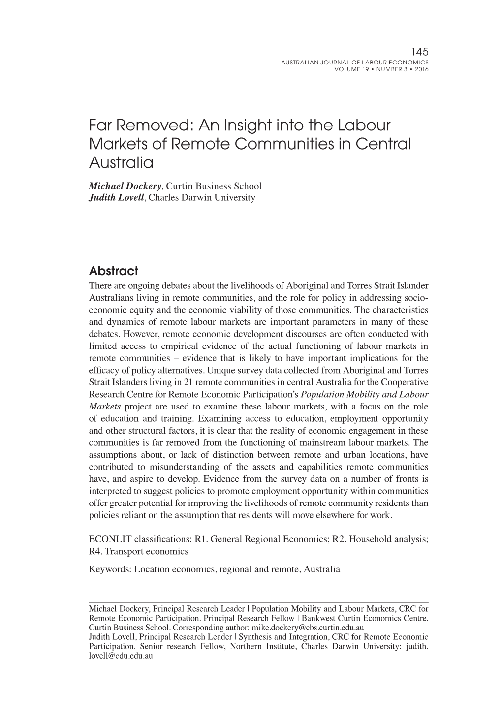 Far Removed: an Insight Into the Labour Markets of Remote Communities in Central Australia