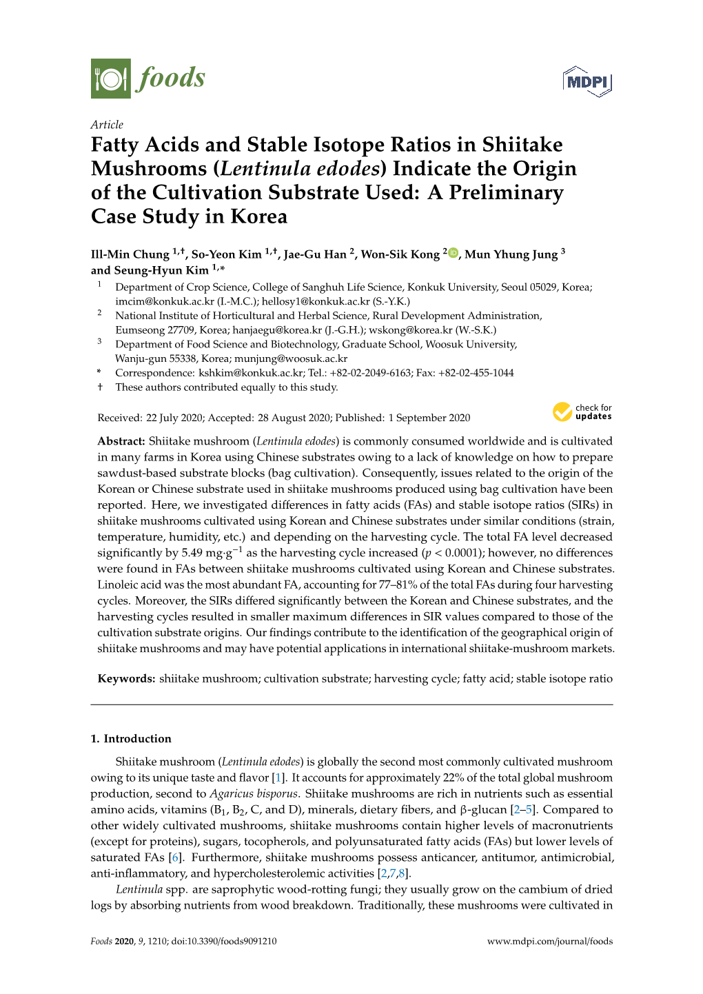 Fatty Acids and Stable Isotope Ratios in Shiitake Mushrooms