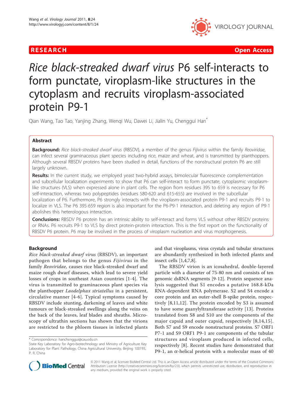 Rice Black-Streaked Dwarf Virus P6 Self-Interacts to Form Punctate