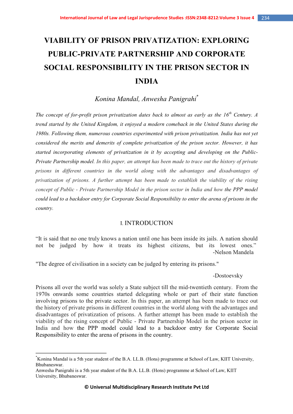 Viability of Prison Privatization: Exploring Public-Private Partnership and Corporate Social Responsibility in the Prison Sector in India