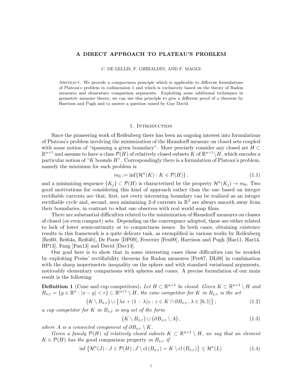 A Direct Approach to Plateau's Problem 1